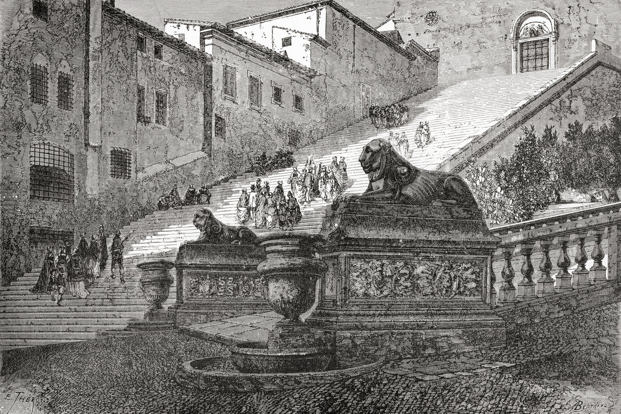 Trap die leidt naar de Basiliek van St. Mary van het Altaar van de Hemel, Rome, Italië in de late 19e eeuw. Uit Italiaanse Afbeeldingen door Rev. Samuel Manning, gepubliceerd c.1890. door Reverend Samuel Manning