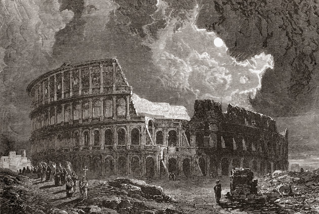 Het Colosseum, Rome, Italië bij maanlicht, in de late 19e eeuw. Uit Italiaanse afbeeldingen door Rev. Samuel Manning, gepubliceerd ca. 1890. door Reverend Samuel Manning