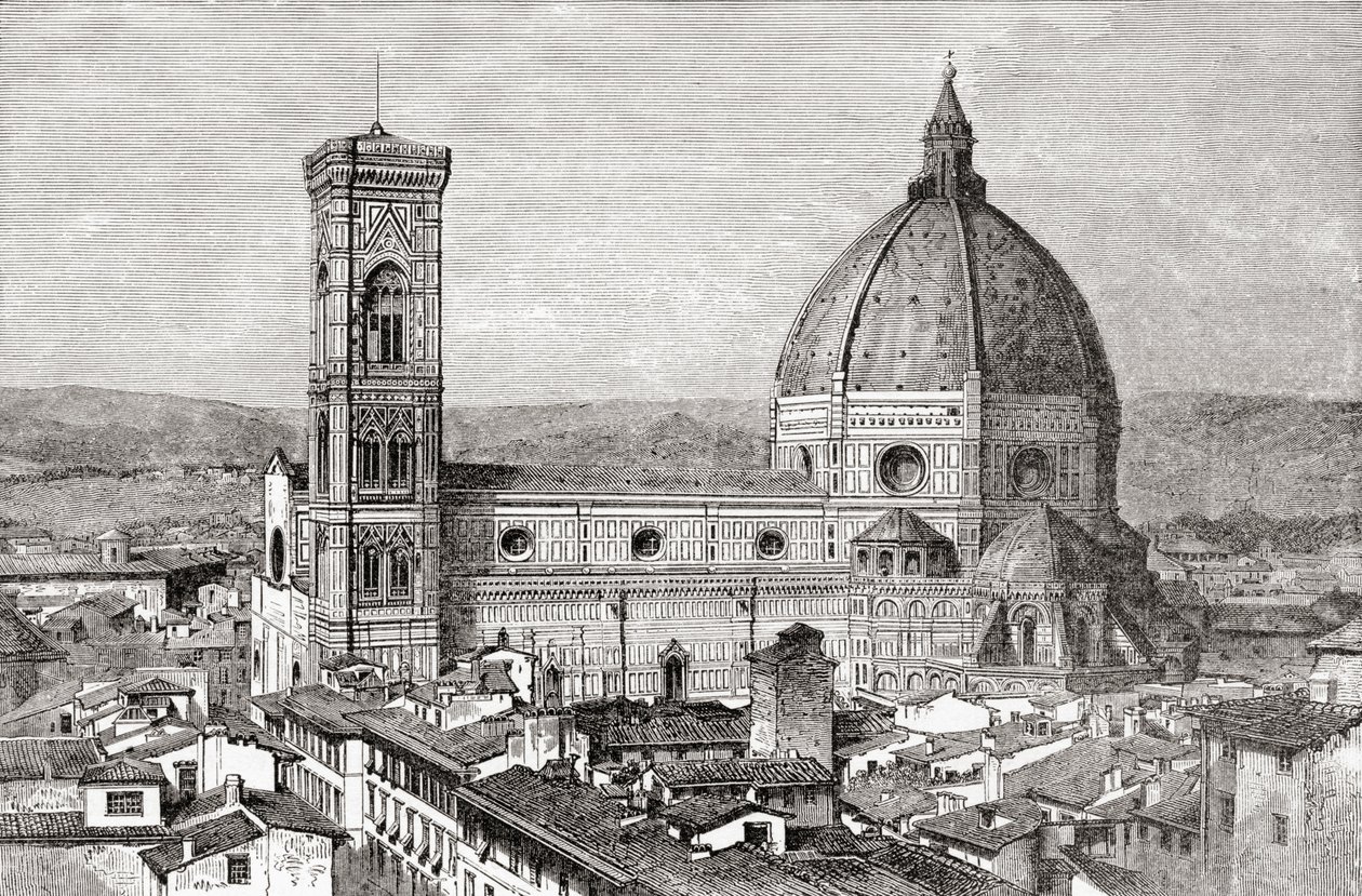 De Duomo en Campanile van de Basilica di Santa Maria del Fiore, Piazza del Duomo, Florence, Italië in de late 19e eeuw. Uit Italiaanse foto
