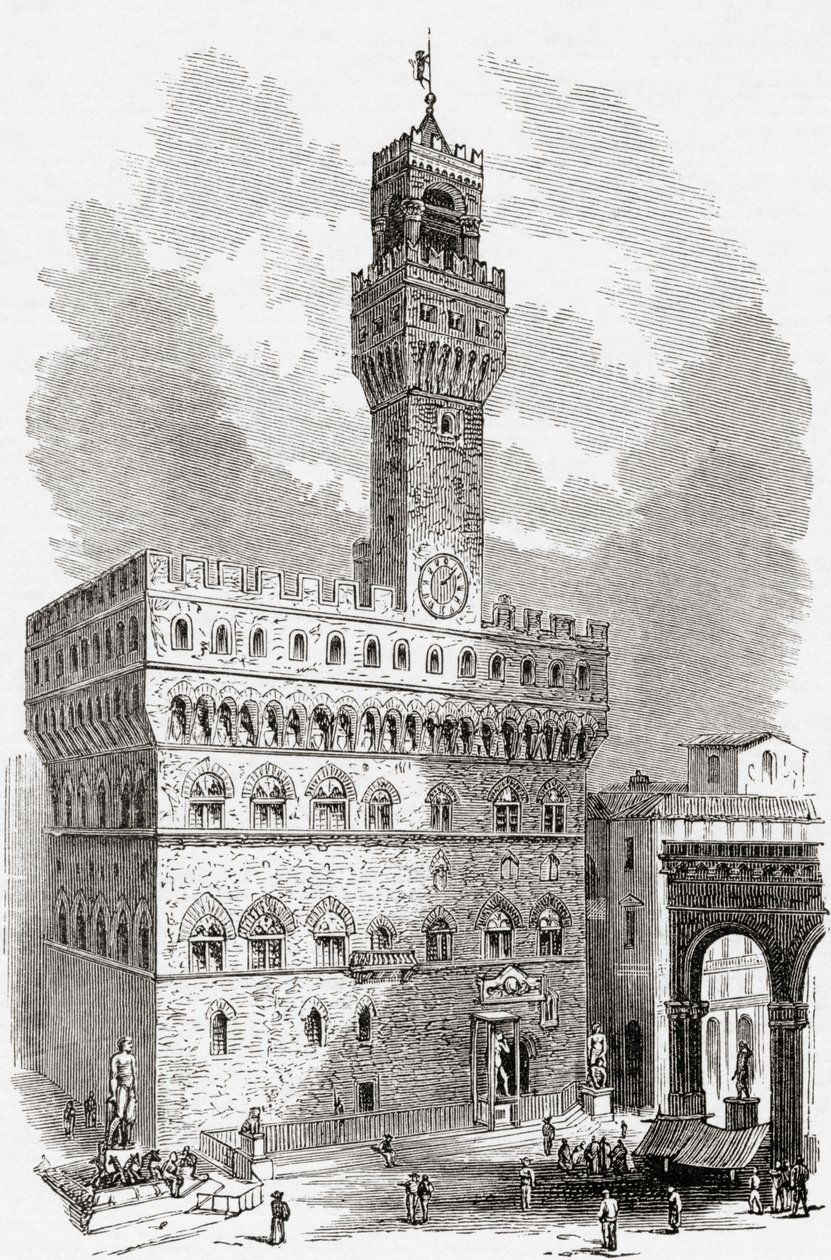 Het Palazzo Vecchio, Florence, Toscane, Italië in de late 19e eeuw. Uit Italiaanse afbeeldingen door Rev. Samuel Manning, gepubliceerd ca. 1890. door Reverend Samuel Manning