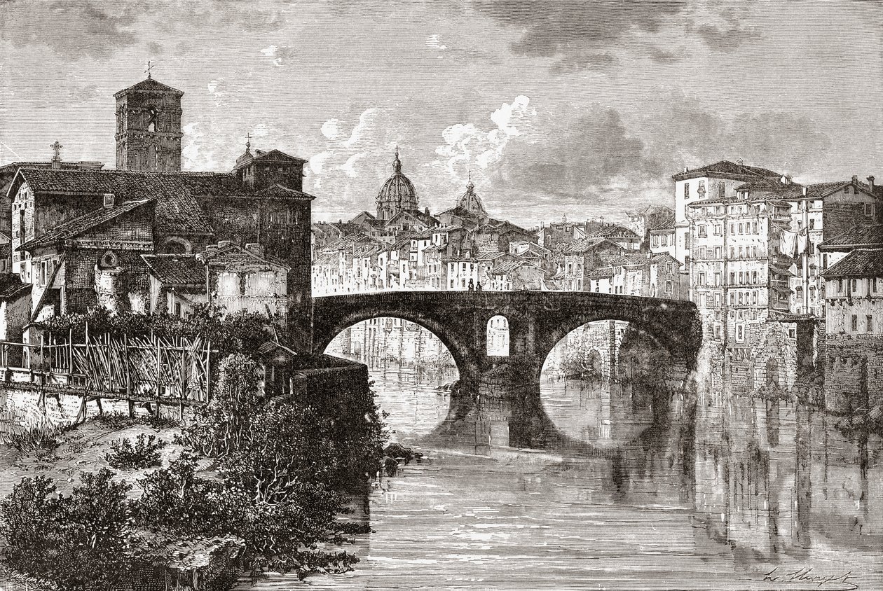 De Pons Fabricius, of Ponte dei Quattro Capi, en Tiber-eiland, Rome, Italië in de late 19e eeuw. Uit Italiaanse Afbeeldingen door Rev. Samuel Manning, gepubliceerd ca. 1890. door Reverend Samuel Manning