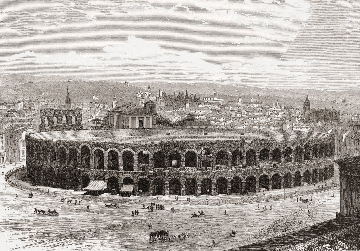 De Arena van Verona, Piazza Bra, Verona, Italië in de late 19e eeuw. Uit Italiaanse afbeeldingen door Rev. Samuel Manning, gepubliceerd ca. 1890. door Reverend Samuel Manning