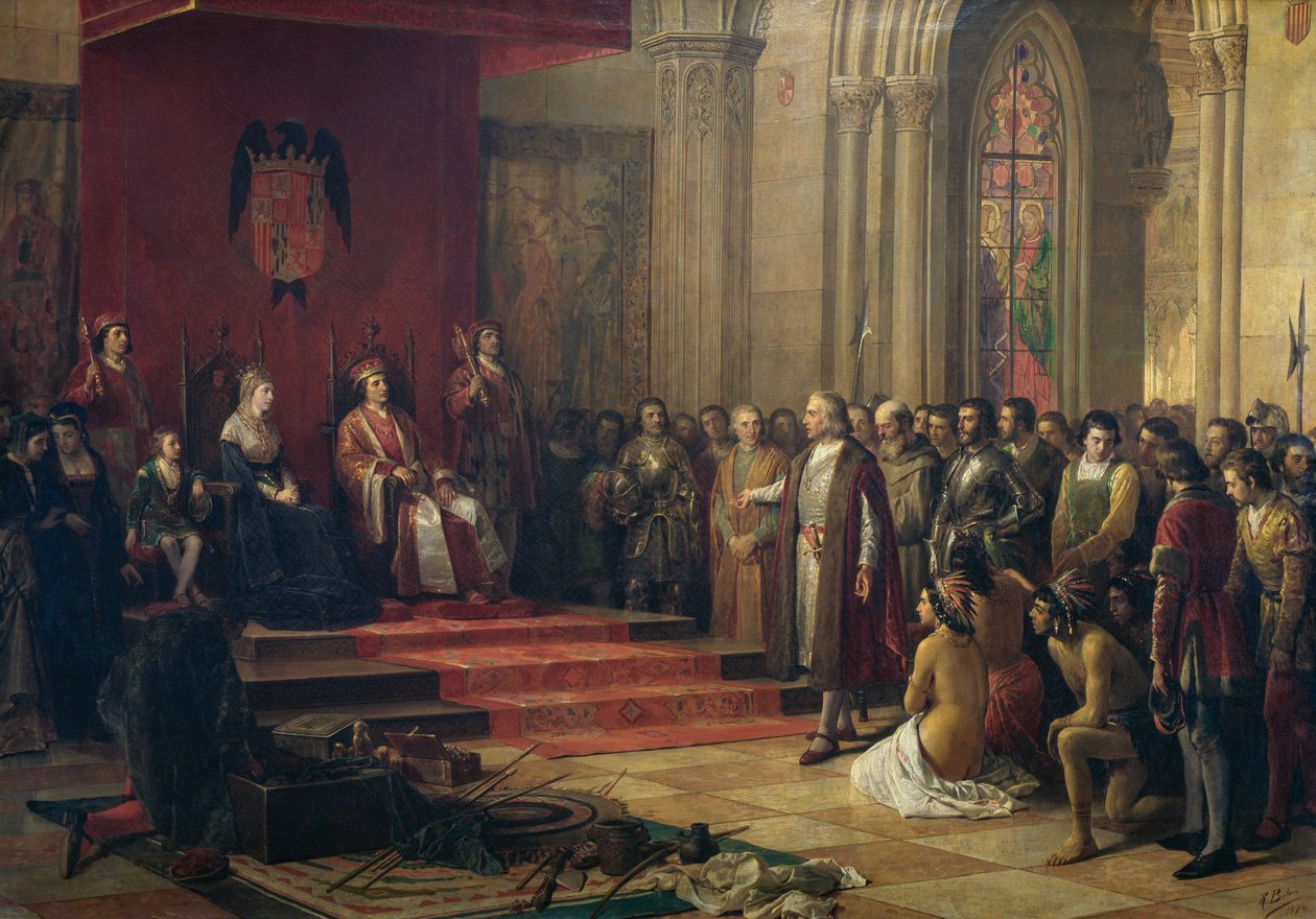 Christoffel Columbus ontvangen door de katholieke koningen in Barcelona bij zijn terugkeer van zijn eerste reis naar Amerika, schilderij uit 1874 door Ricardo Balaca (1844-1880) door Ricardo Balaca y Canseco