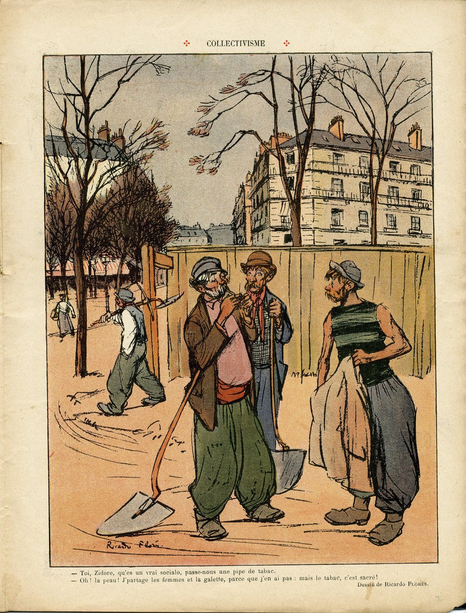 Illustratie door Ricardo Flores (1878-1918) in Le Rire, 06/02/09 - Collectivisme - Sociaal, Stedelijke Architectuur, Boom, Gebouw, Collectivisme - Arbeider, Grondwerkers door Ricardo Flores
