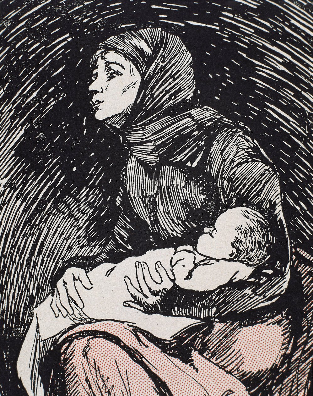 Kerstavond. 1900. Een magere vrouw met haar kind in haar armen (gravure) door Ricardo Maria Navarrete