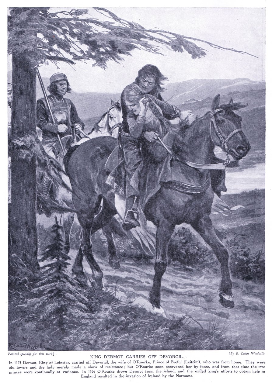 Koning Dermot ontvoert Devorgil, jaren 1920 door Richard Caton Woodville junior