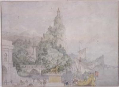 Landschapscompositie: Studie voor een decor voor het theater in Broadmoor Asylum door Richard Dadd