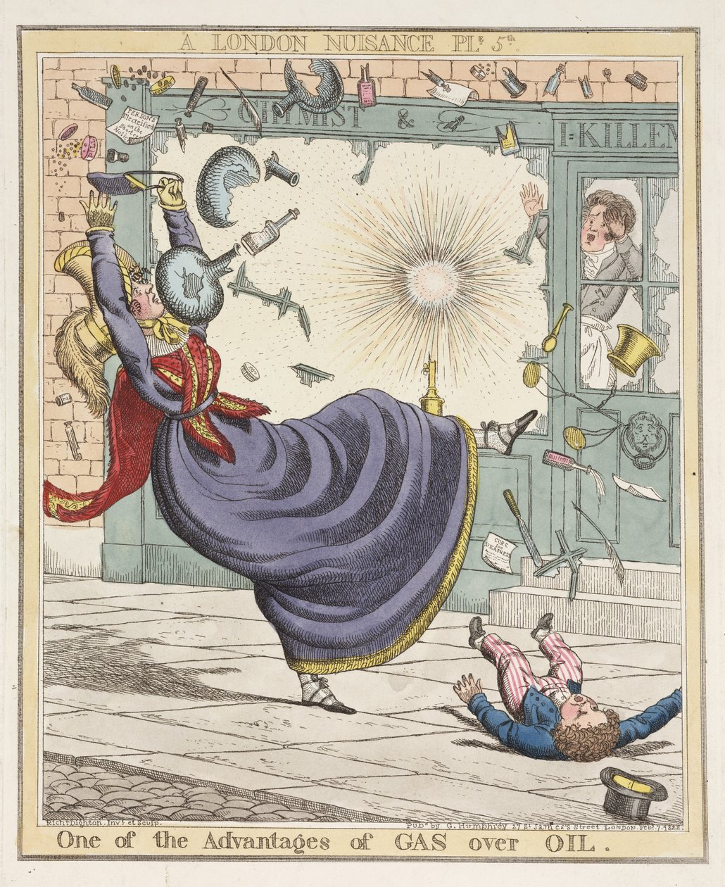 Een van de Voordelen van Gas boven Olie, plaat 5 uit A London Nuisance, 1822 door Richard Dighton