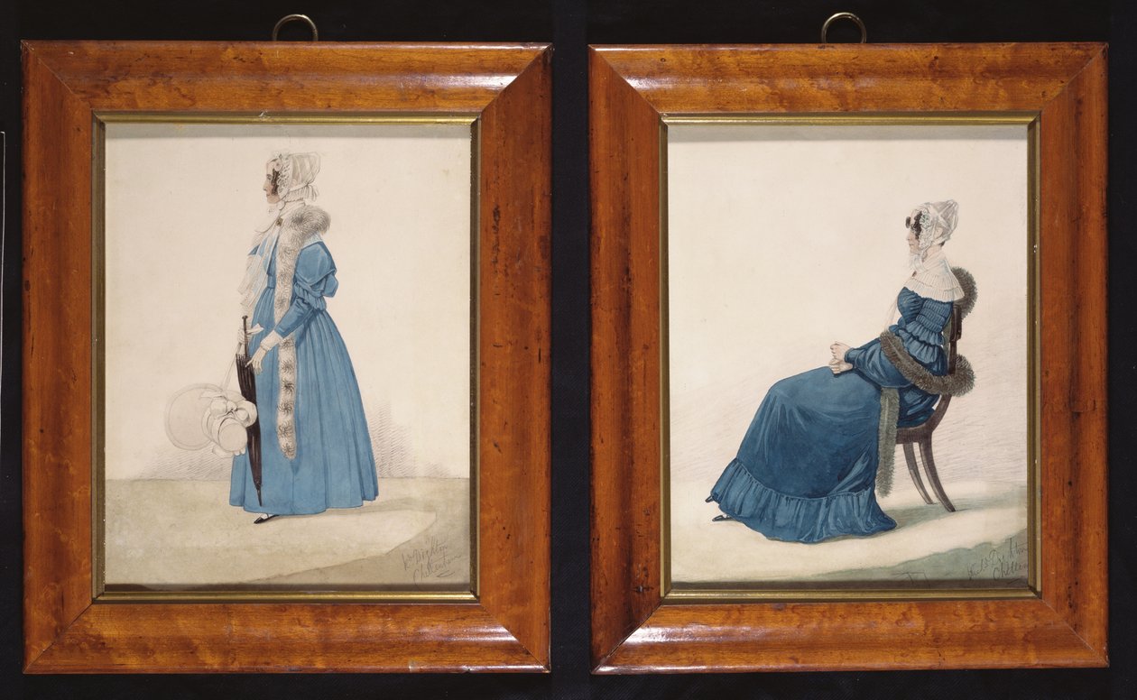 Twee portretten van een zittende en een staande dame in blauwe jurken, ca. 1830 door Richard Dighton