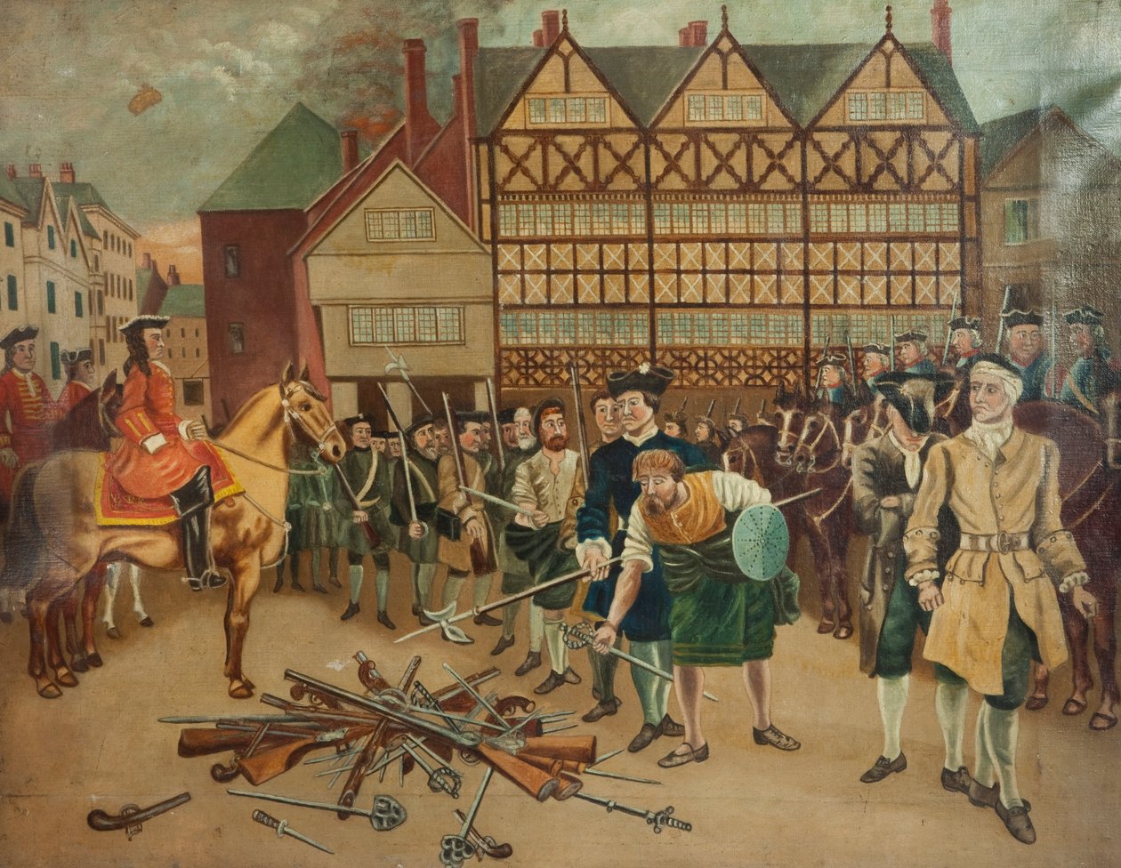 Jacobitische troepen geven hun wapens over aan generaal Wills op de markt van Preston in 1715 door Richard Holmes