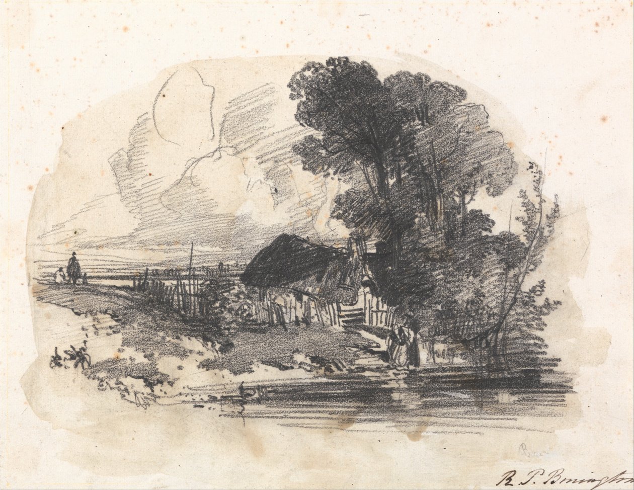 Bomen en een Huisje bij een Rivier door Richard Parkes Bonington