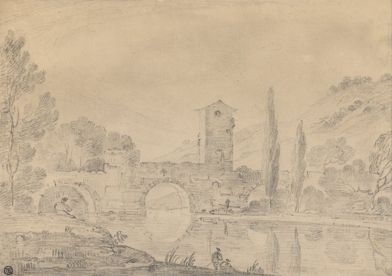 Italiaans Landschap met Drieboogbrug, Brughuis, Figuren op de Nabije Oever en Populieren op de Verte door Richard Wilson
