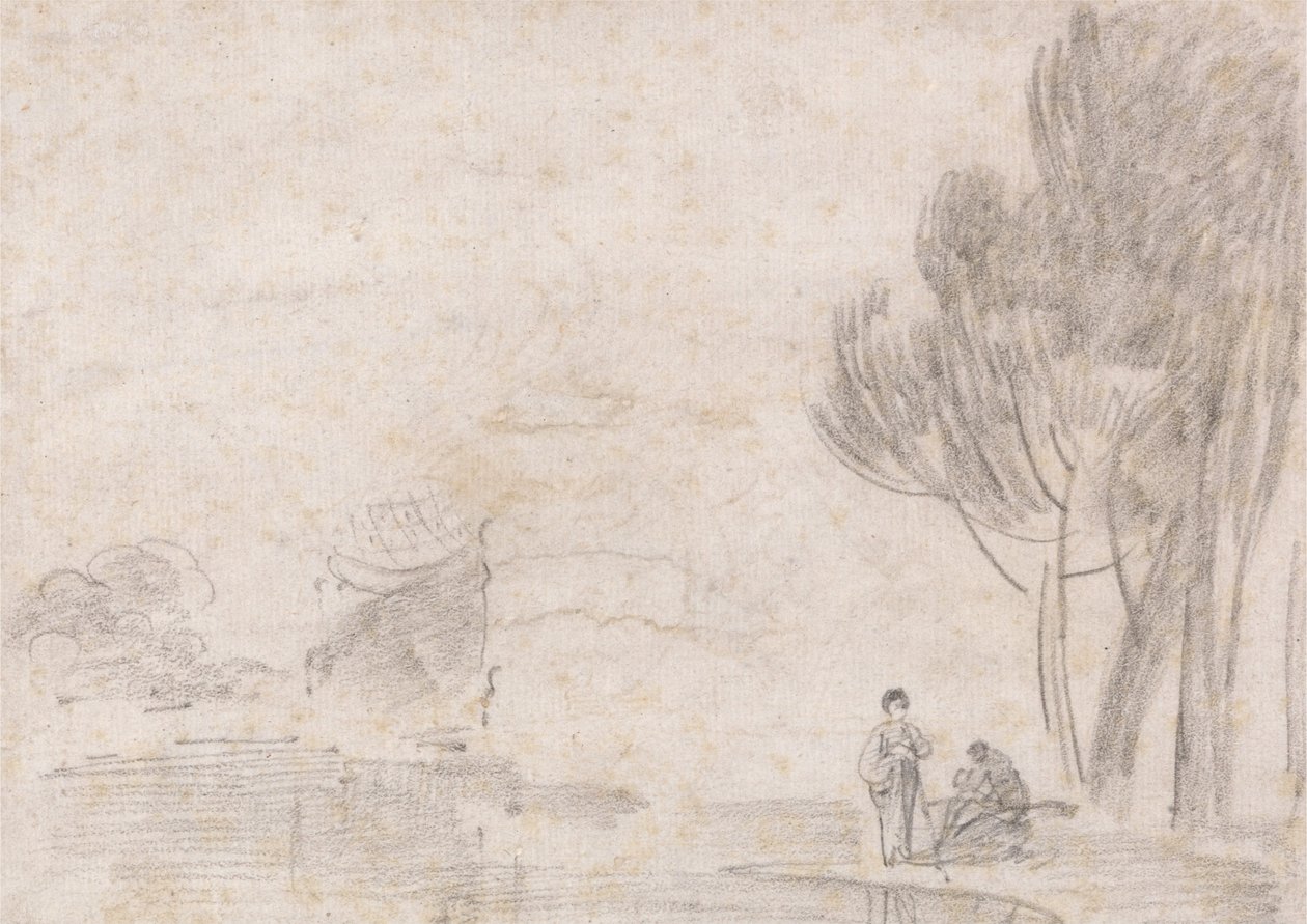 Verwoeste tempel van Minerva, twee figuren aan de rivier door Richard Wilson