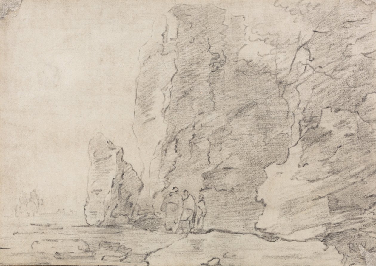 Drie figuren staand bij rotsachtige kliffen, twee ruiters in de verte links door Richard Wilson