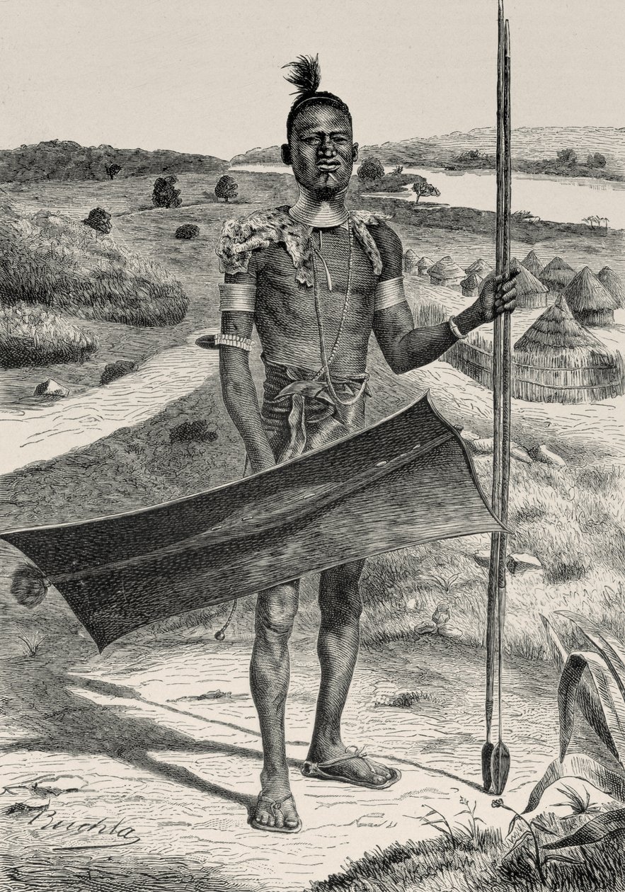 Shuli Krijger Volledig Uitgerust: Dorp op de Achtergrond, uit De Geschiedenis van de Mensheid door Prof. Friedrich Ratzel, gepubliceerd in 1904 door Richard Buchta