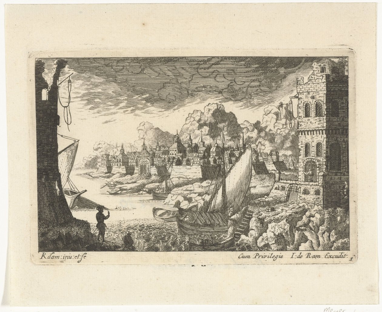 Stadsgezicht met vissershaven en aanmerend bootje door Richard Adam