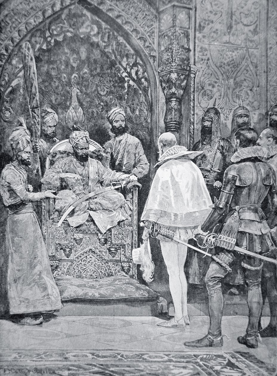 Akbar de Grote ontvangt de ambassadeur van Koningin Elizabeth in 1599 door Richard Caton (after) Woodville