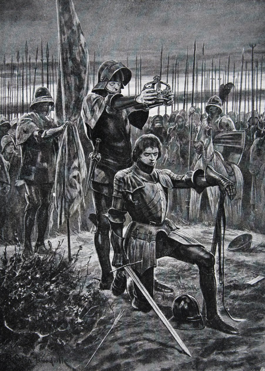 Henry VII gekroond in Bosworth, illustratie uit 