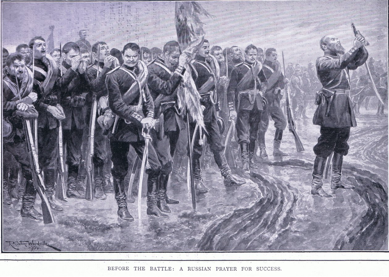 Voor de slag: Een Russische gebed voor succes, illustratie uit Cassells History of the Russo-Japanese War Vol 1, ca. 1900 door Richard Caton Woodville