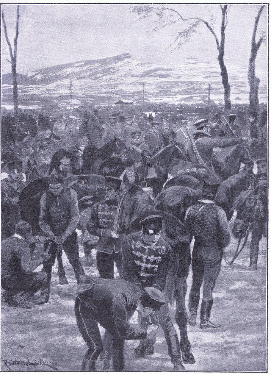 Japanse cavaleriekamp bij Seoel: Hoefsmid aan het werk, illustratie uit Cassells History of the Russo-Japanese War Vol 1, ca. 1900 door Richard Caton Woodville