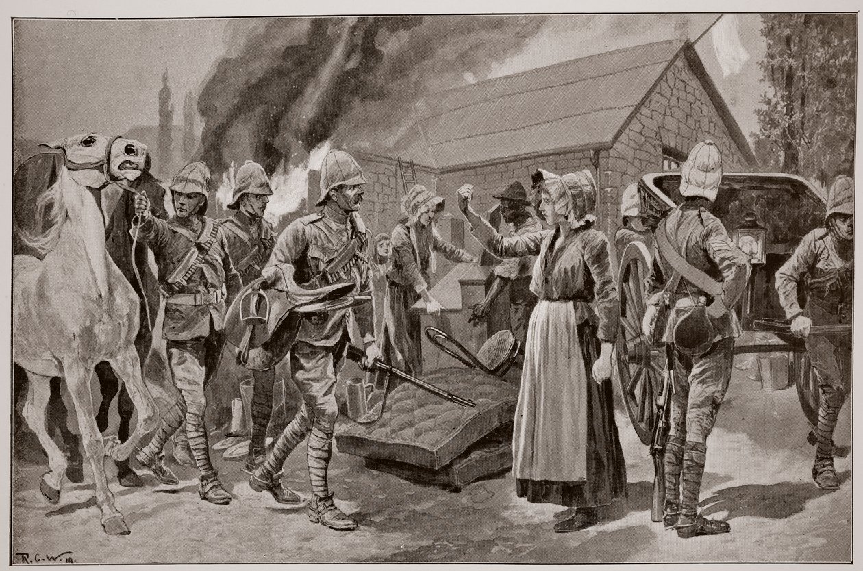 Het verbranden van de boerderij van een verraderlijke boer, naar een schets van Melton Prior (1845-1910) door Richard Caton Woodville junior