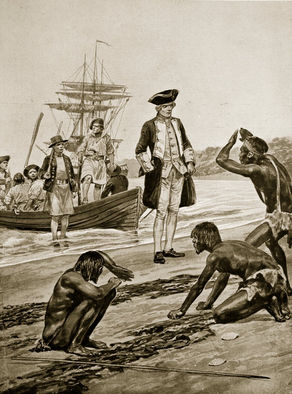 Kapitein Cook landt in Tasmanië, 1777, illustratie uit 