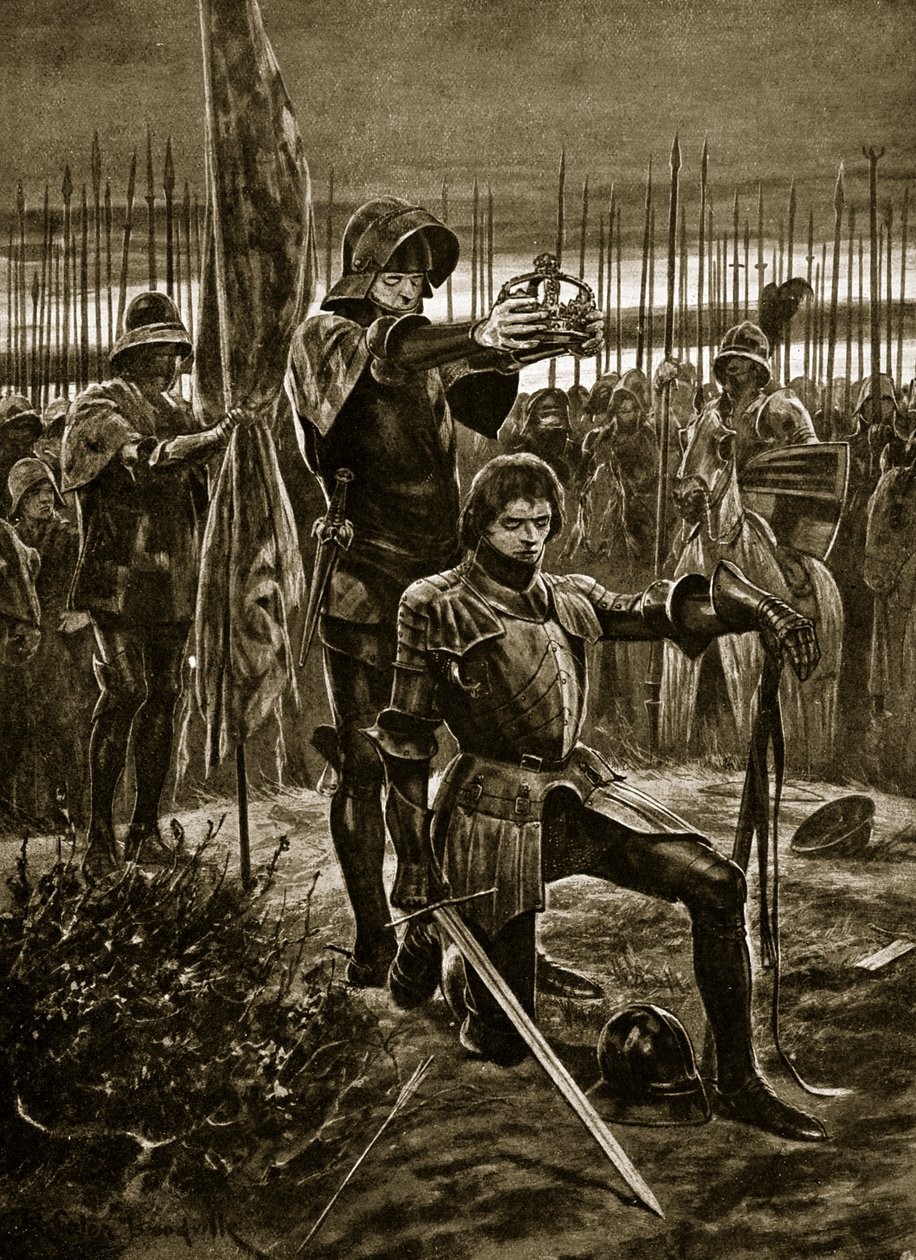 Henry VII gekroond in Bosworth, illustratie uit 