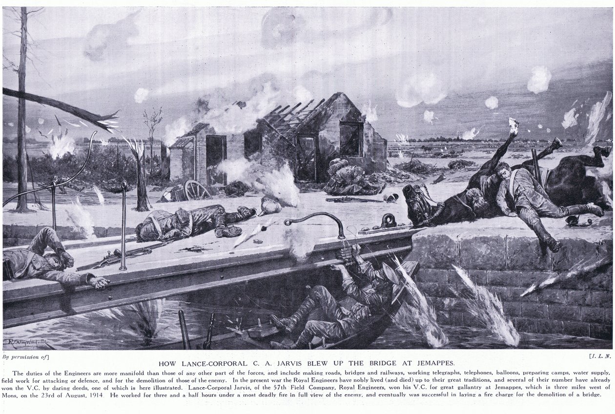 Hoe Lance Corporal C A Jarvis een brug opblies bij Jemappes in de buurt van Mons en het VC won, augustus 1914 door Richard Caton Woodville junior