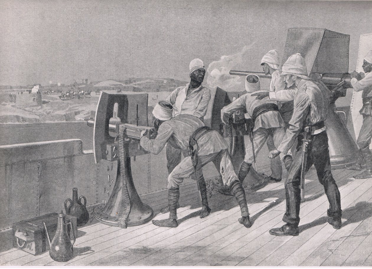 Op weg naar de Nijl: Schieten op de Derwisjen, illustratie uit British Battles on Land and Sea, 1915 door Richard Caton Woodville junior