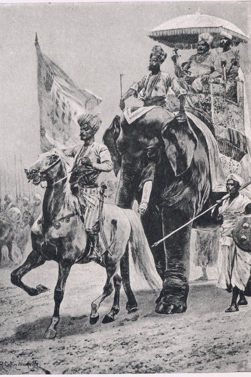 Suraj-ud-Daula bij Plessey, 23 juni 1757, illustratie uit British Battles on Land and Sea, 1915 door Richard Caton Woodville junior