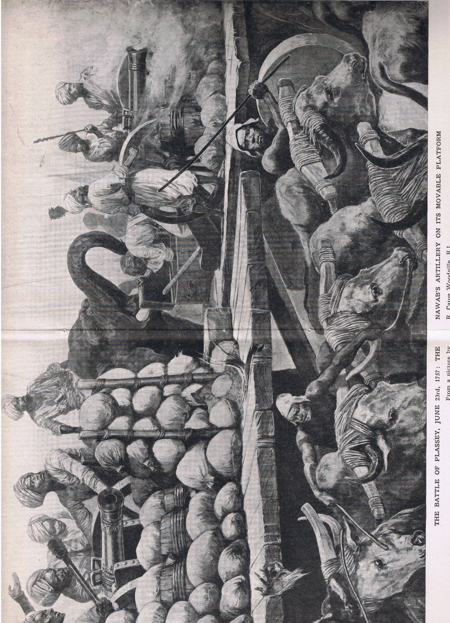 De Slag bij Plessey 23 juni 1757: De artillerie van de Nawab op zijn verplaatsbare platform, illustratie uit British Battles on Land and Sea, 1915 door Richard Caton Woodville junior