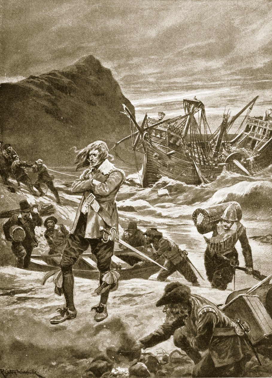 Gestrand op de Bermudas, 1609, illustratie uit 