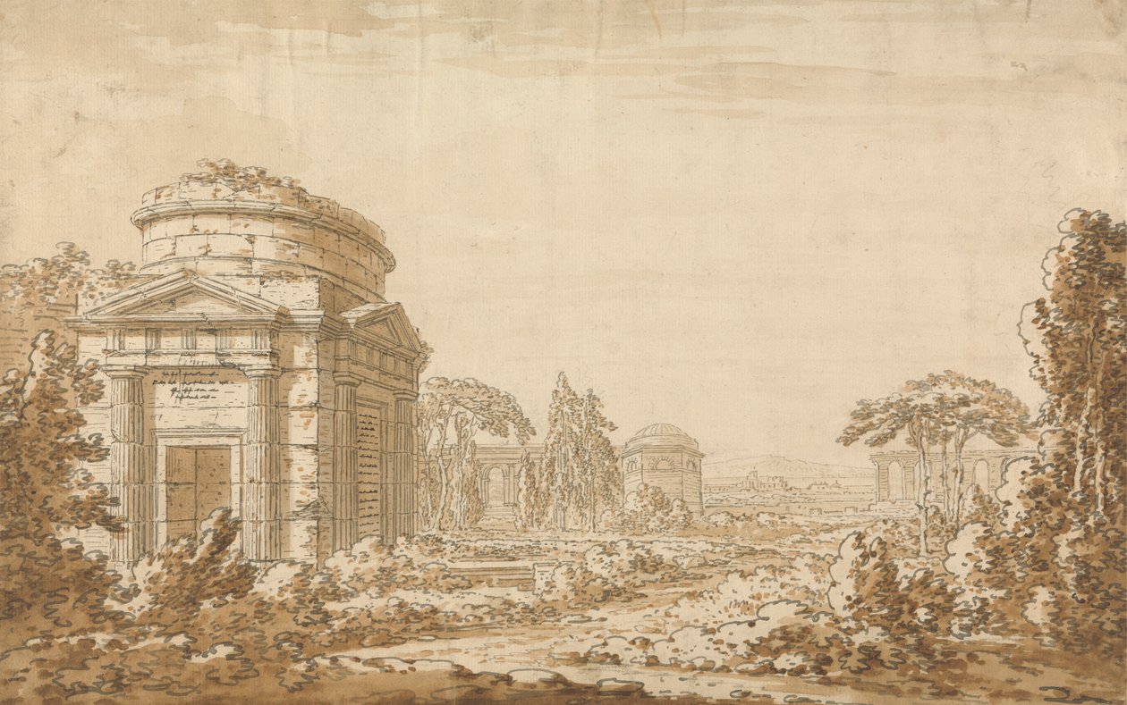 Klassiek Italiaans landschap met tempels en een verwoest aquaduct door Richard Cooper the Younger