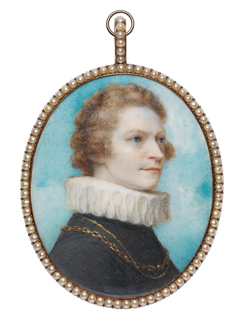 Zelfportret in Elizabethaans kostuum; een lok van zijn haar (op de achterzijde) door Richard Cosway