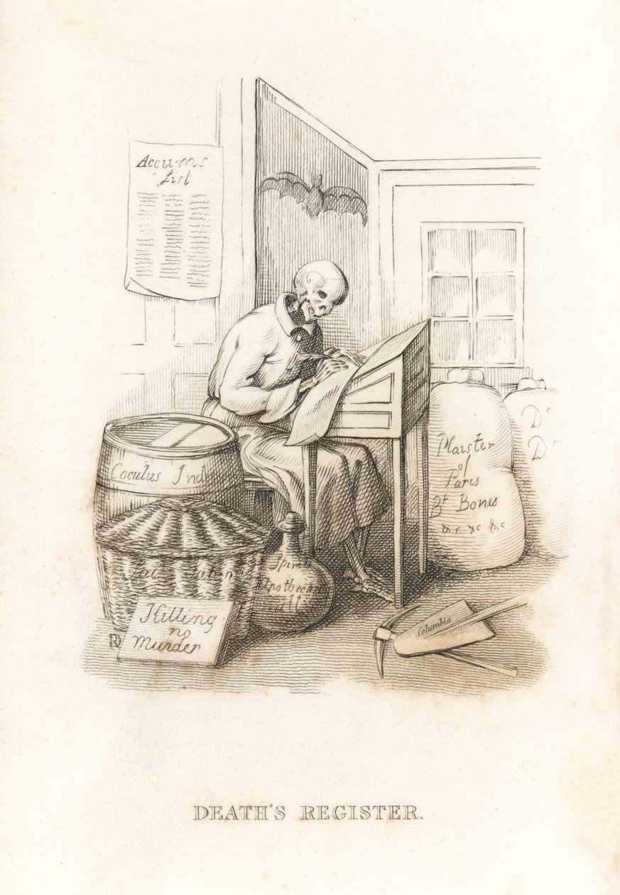 Het skelet van de Dood en zijn grootboek, 1827 (gravure) door Richard Dagley