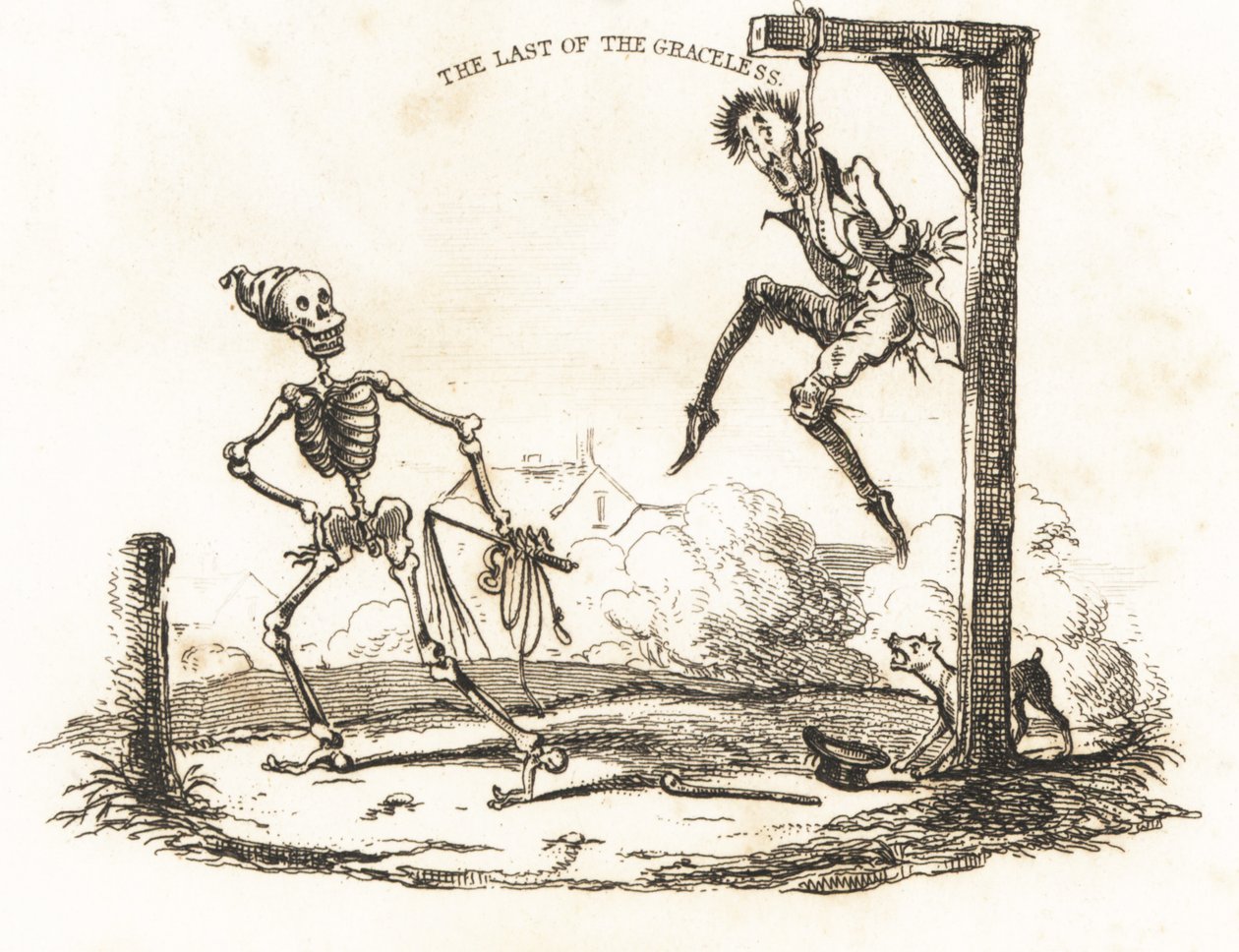 Vignet van een skelet en een man hangend aan een galg, 1827 door Richard Dagley