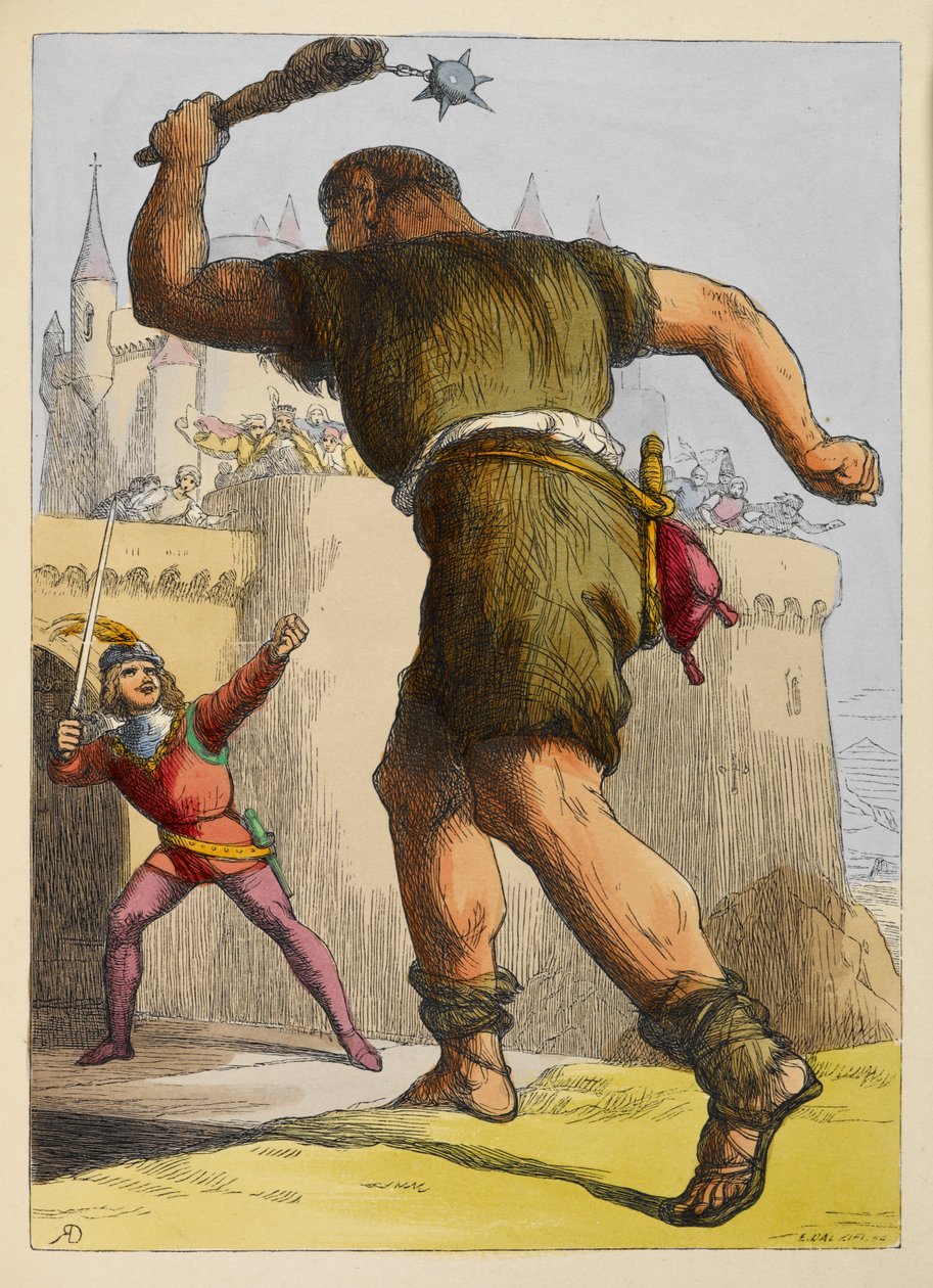 Jack klaar om te vechten tegen een reus buiten een kasteel. Kleurillustratie in een kinderboek. door Richard Doyle