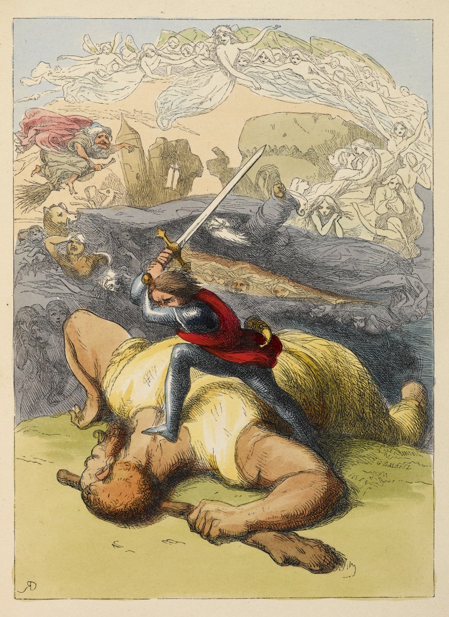 Jack die op het lichaam van een reus staat, met zijn zwaard omhoog. Kleurillustratie in een kinderboek. door Richard Doyle