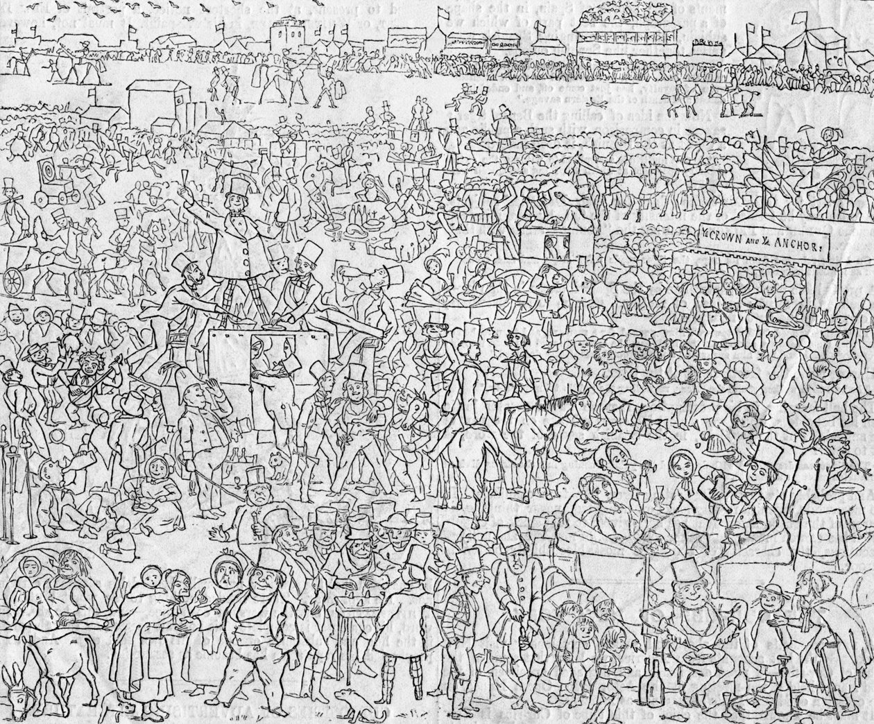 Manieren en gewoonten van de Engelsen in 1849: Een uitzicht op Epsom Downe op de Derbydag, 1849 door Richard Doyle
