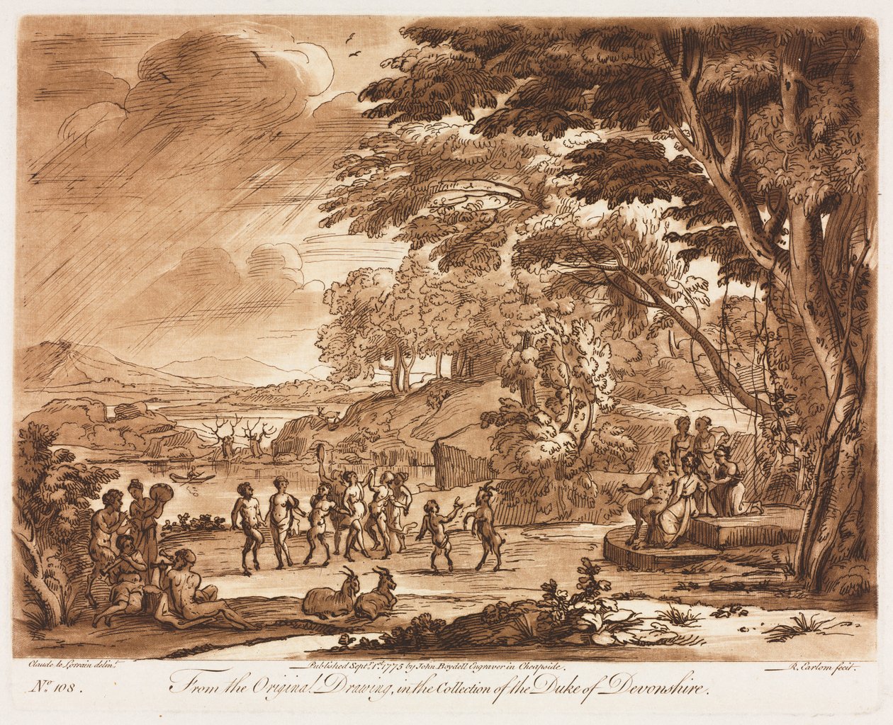 Liber Veritatis: Nr. 108, Landschap met saters en nimfen die dansen door Richard Earlom