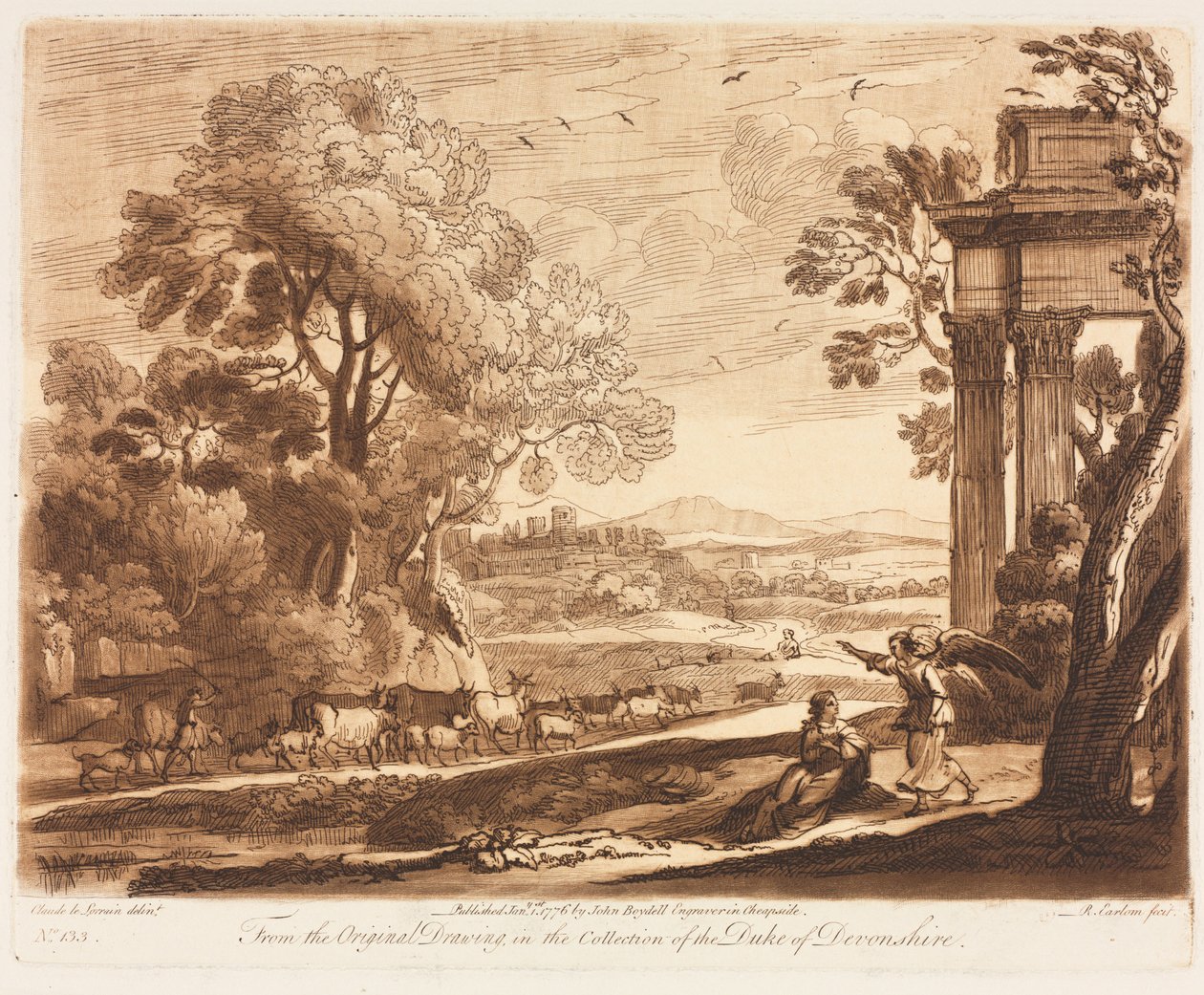Liber Veritatis: Nr. 133, Een landschap, met vee, en de engel die Hagar troost door Richard Earlom