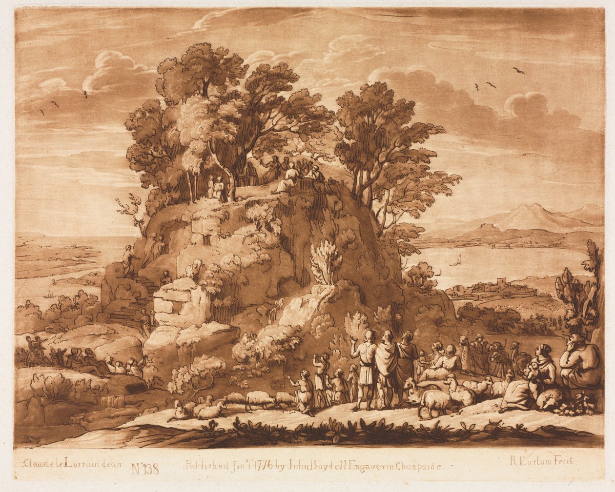 Liber Veritatis: Nr. 138, Een Uitzicht op de Zee met Christus die op de Berg Predikt (het water beneden is waarschijnlijk bedoeld als de Zee van Tiberias) door Richard Earlom