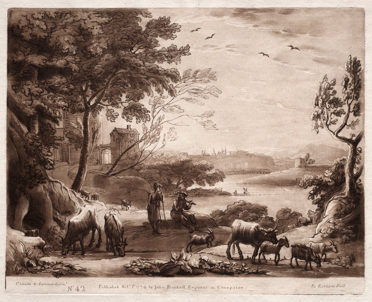 Liber Veritatis: No. 42, Een Rivierlandschap met een Herder en Herderin door Richard Earlom
