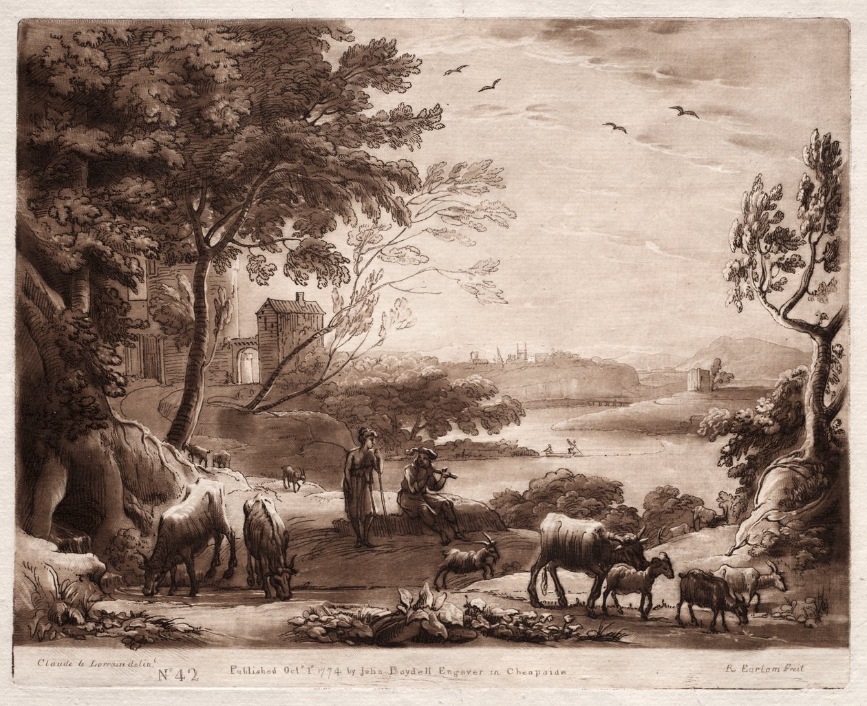 Liber Veritatis: Nr. 42, Een rivierlandschap met een herder en herderin en een kudde vee door Richard Earlom