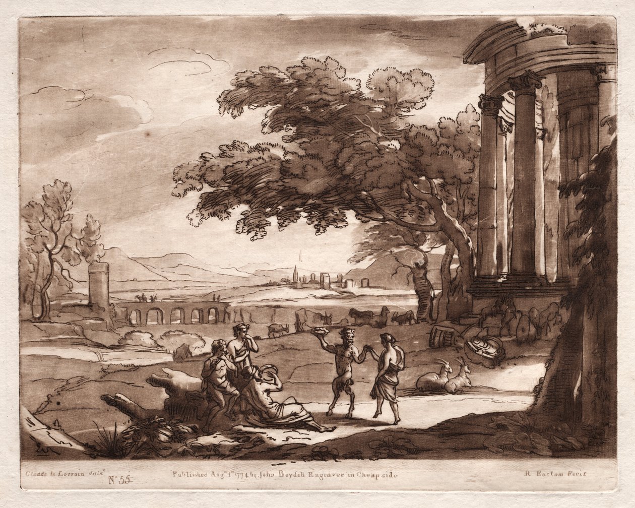 Liber Veritatis: Nr. 55, Een landschap met een tempel en een nimf en satyr die dansen door Richard Earlom