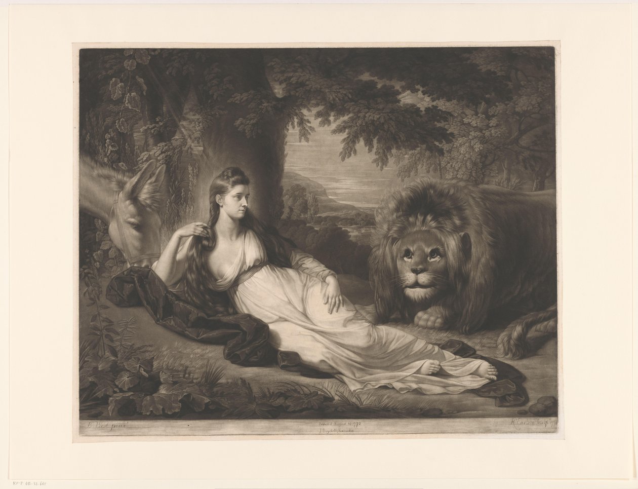 Portret van Mary Lawrence met een leeuw in een landschap door Richard Earlom