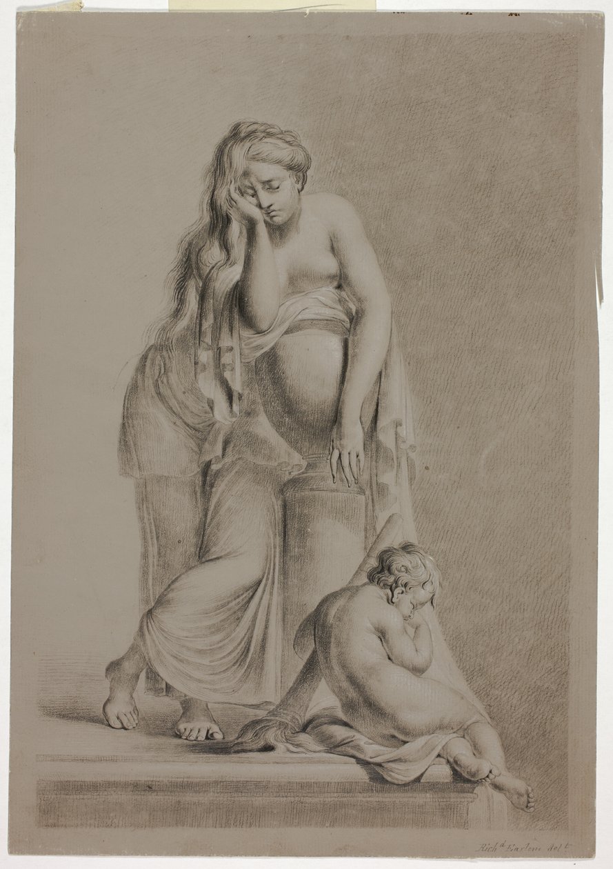 Huilende Allegorische Vrouwelijke Figuur met Putto door Richard Earlom