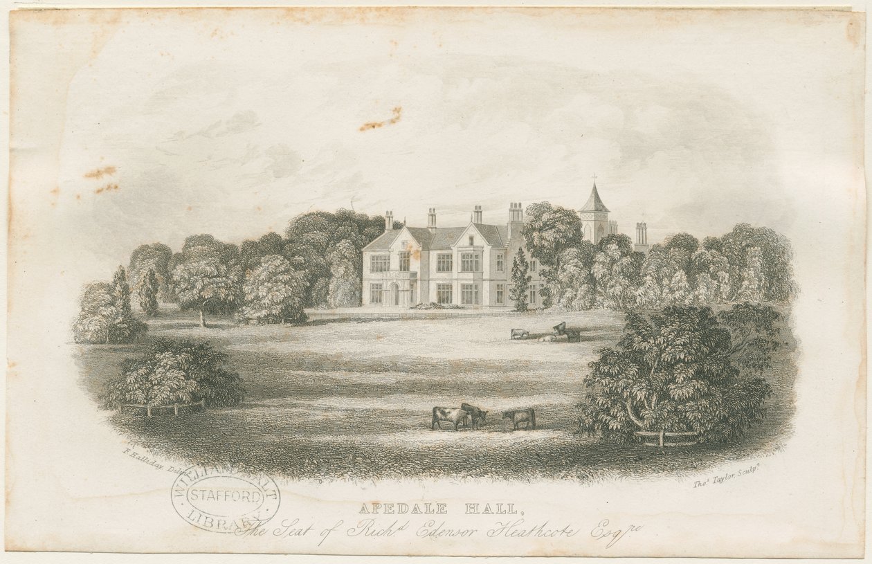 Apedale Hall Huis en Park: staalgravure, eind 18e eeuw door Richard Edensor Heathcote