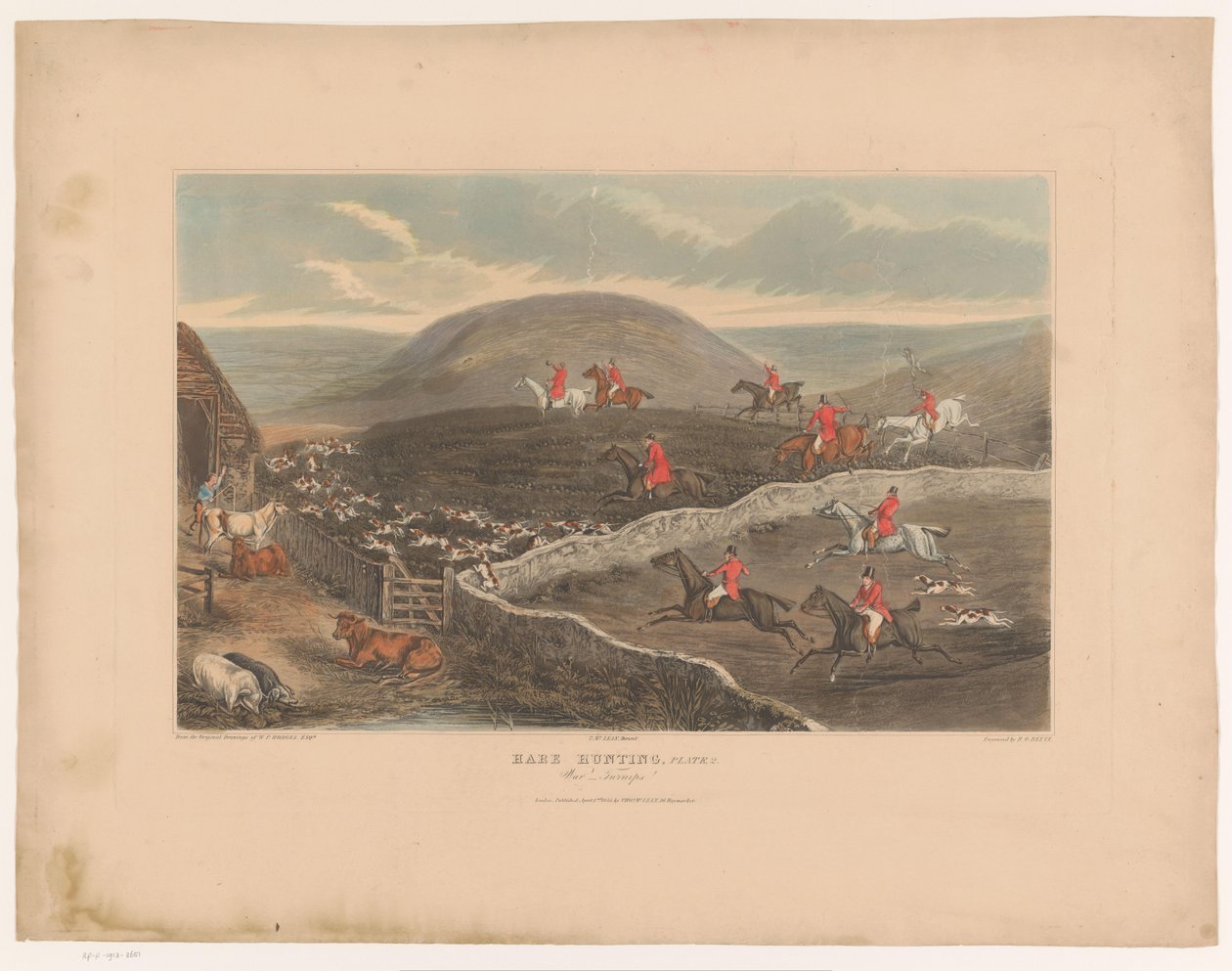 Landschap met honden en jagers te paard rennend door velden door Richard Gilson Reeve