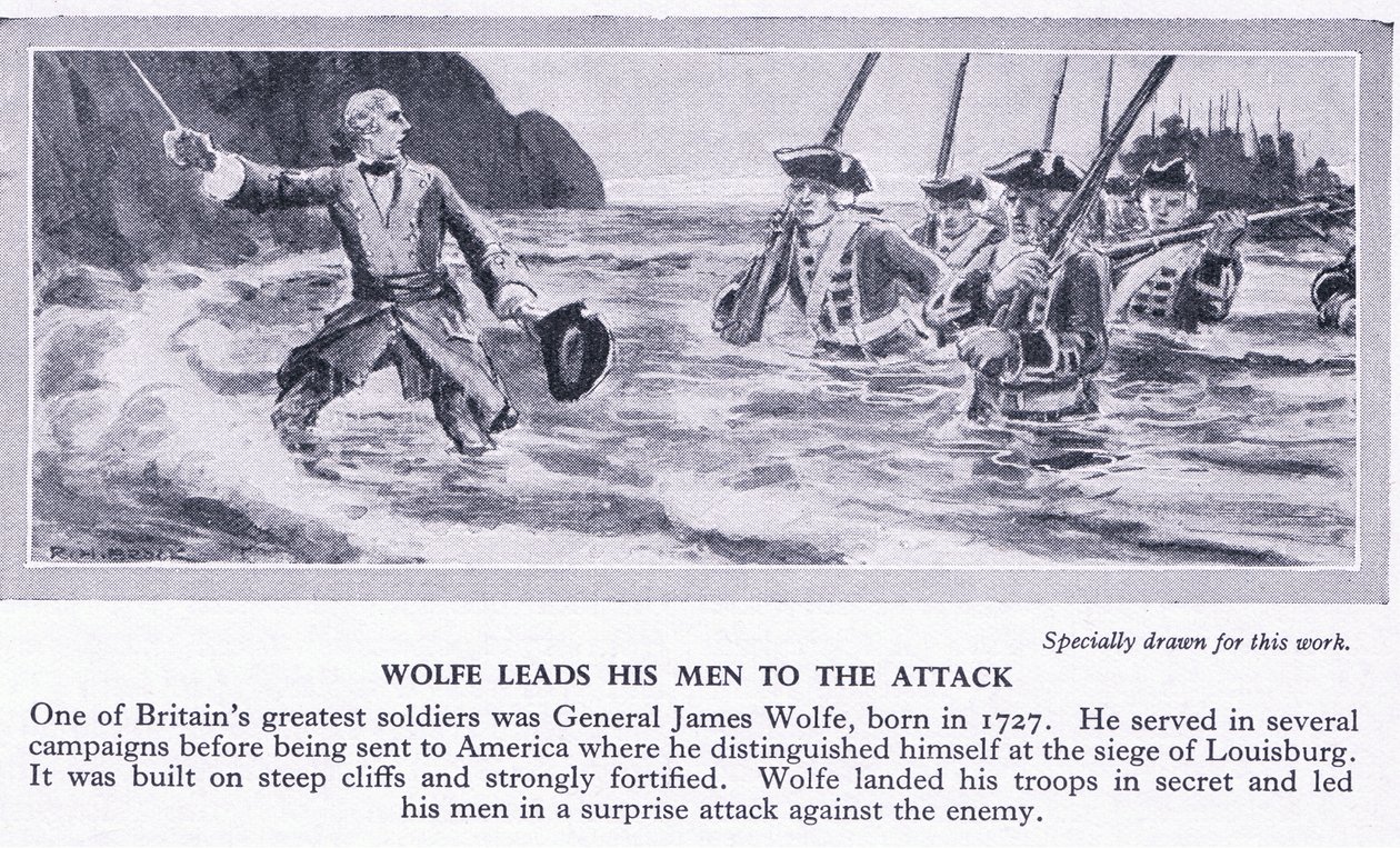 Wolfe leidt zijn mannen naar de aanval. Canada 1759 AD, ca. 1950 door Richard Henry Brock